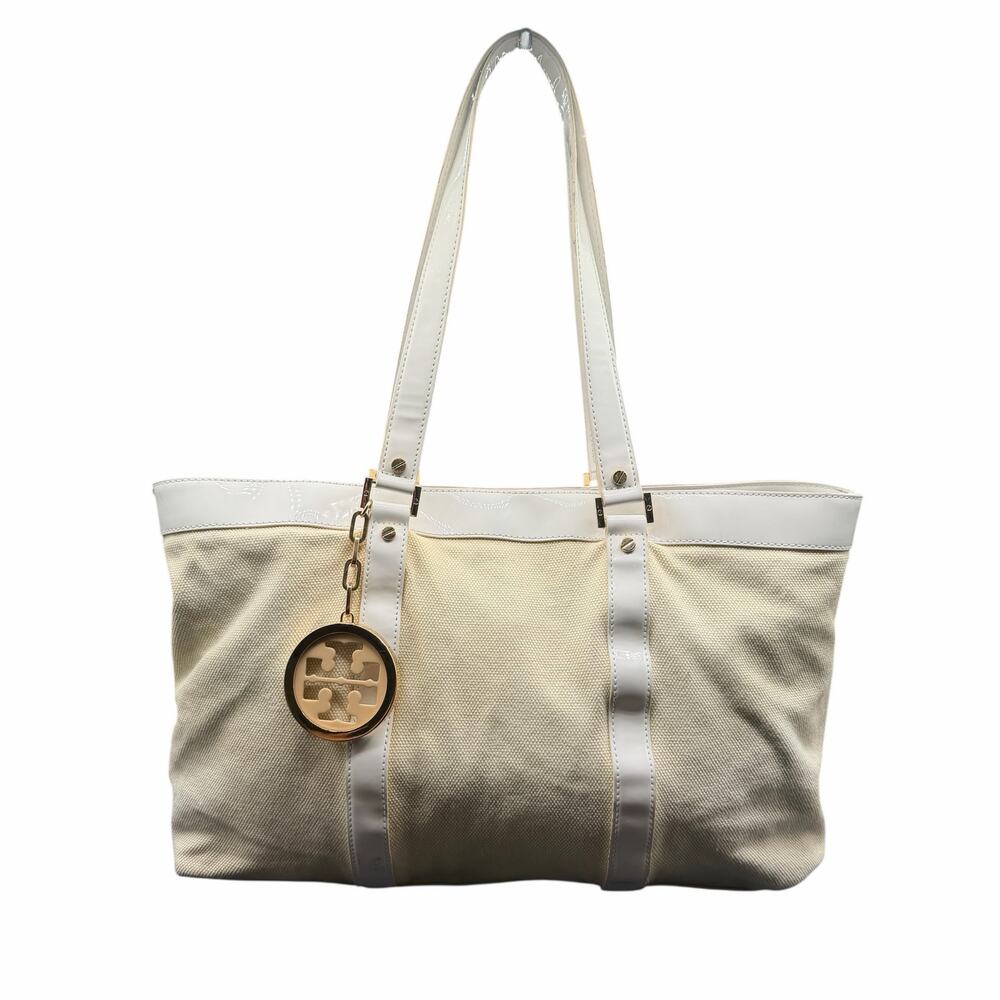 Tory Burch Ella Canvas Tote Cream Ivory Patent Trim Logo Charm Bag